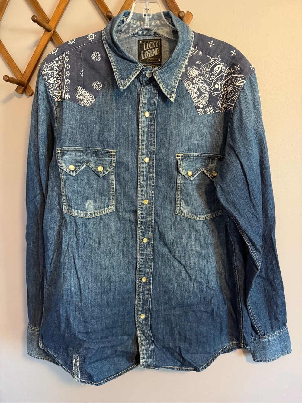 Lucky Legend Bandana Patchwork Western Denim Shirt Blue Medium